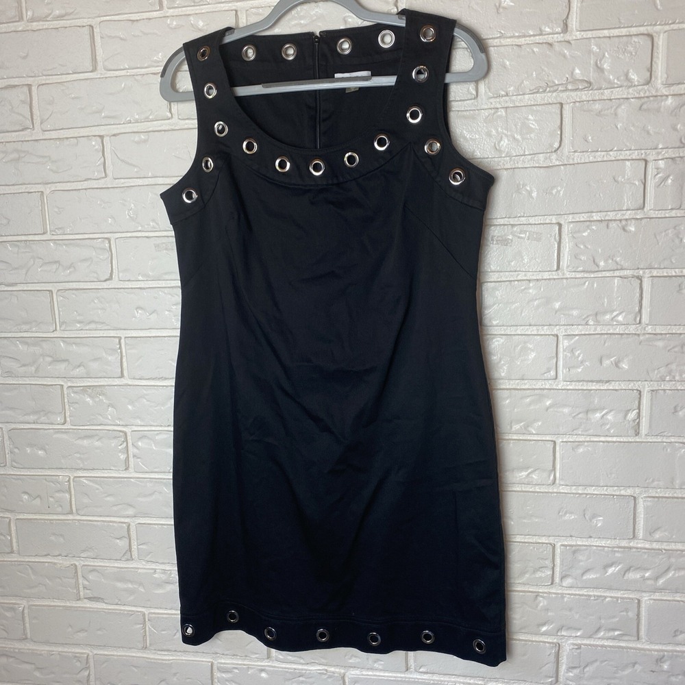Calvin Klein Womens Sheath Dress Size 12 Black Sleeveless Knee Silver Grommets